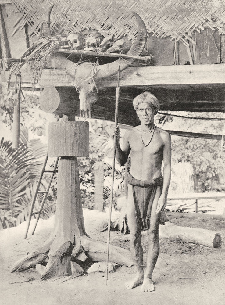 PHILIPPINES. Ifugao warrior with head Trophies;  1900 old antique print